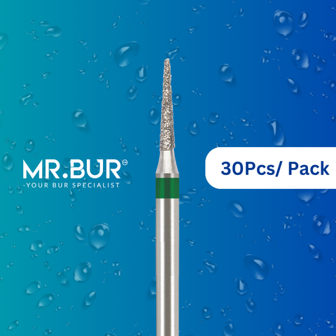 Optimize dental care with Mr. Bur 30 pcs Pointed Cone Coarse Diamond FG for prophylaxis, crown prep, model fabrication, casting, veneer & ceramic techniques, and interproximal trimming.