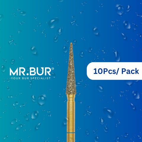 The #1 Best Gold Pointed Cone Diamond Bur Short FG. Mr. Bur offers the best online dental burs and is a Better Choice than Meisinger, Mani, Shofu, Eagle Dental, Trihawk, Suitable for Dental Cases.