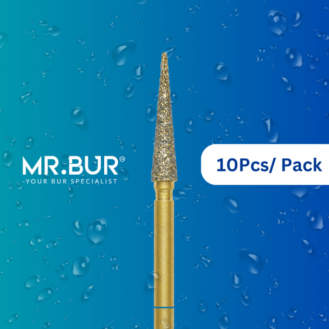 The #1 Best Gold Pointed Cone Diamond Bur FG. Mr Bur offers the best online dental burs and is a Better Choice than Meisinger, Mani, Shofu, Eagle Dental, Trihawk, Suitable for Dental Cases.