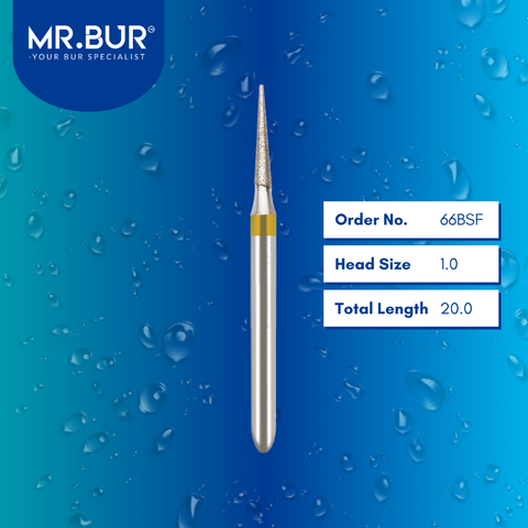 Mr. Bur 66BSF Super Fine Finishing Pointed Cone Diamond Bur FG are tools used in multiple dental procedures. Their pointed cone-shaped heads are ideal for effective prophylaxis, crown preparation, model fabrication, model casting technique, interproximal reduction, crown and bridge technique, and veneer and ceramic technique.