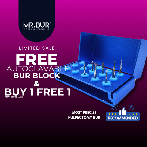 Mr. Bur pulp access kit designed for pulpotomy and pulpectomy procedures, featuring precision burs for efficient pulp chamber access, controlled excavation, and preservation of tooth integrity.