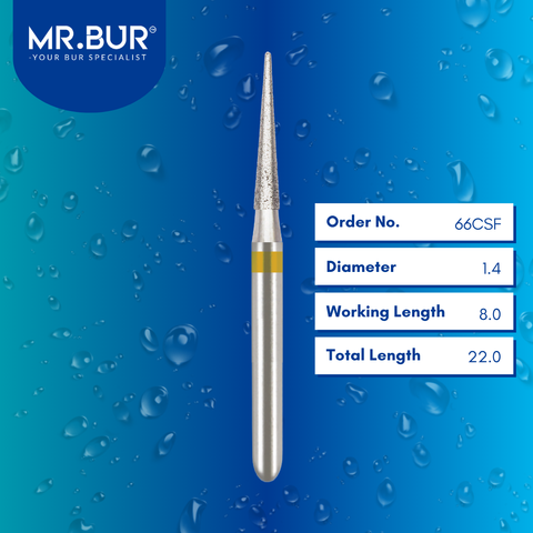 Mr. Bur 66CSF Super Fine Finishing Pointed Cone Diamond Bur FG are tools used in multiple dental procedures. Their pointed cone-shaped heads are ideal for effective prophylaxis, crown preparation, model fabrication, model casting technique, interproximal reduction, crown and bridge technique, and veneer and ceramic technique.