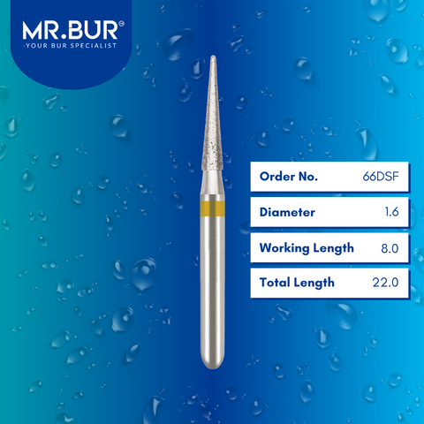 Mr. Bur 66DSF Super Fine Finishing Pointed Cone Diamond Bur FG are tools used in multiple dental procedures. Their pointed cone-shaped heads are ideal for effective prophylaxis, crown preparation, model fabrication, model casting technique, interproximal reduction, crown and bridge technique, and veneer and ceramic technique.