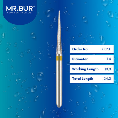 Mr. Bur 71CSF Super Fine Finishing Pointed Cone Diamond Bur FG are tools used in multiple dental procedures. Their pointed cone-shaped heads are ideal for effective prophylaxis, crown preparation, model fabrication, model casting technique, interproximal reduction, crown and bridge technique, and veneer and ceramic technique.