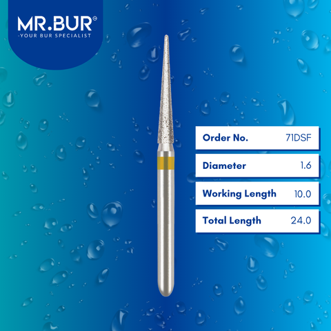 Mr. Bur 71DSF Super Fine Finishing Pointed Cone Diamond Bur FG are tools used in multiple dental procedures. Their pointed cone-shaped heads are ideal for effective prophylaxis, crown preparation, model fabrication, model casting technique, interproximal reduction, crown and bridge technique, and veneer and ceramic technique.