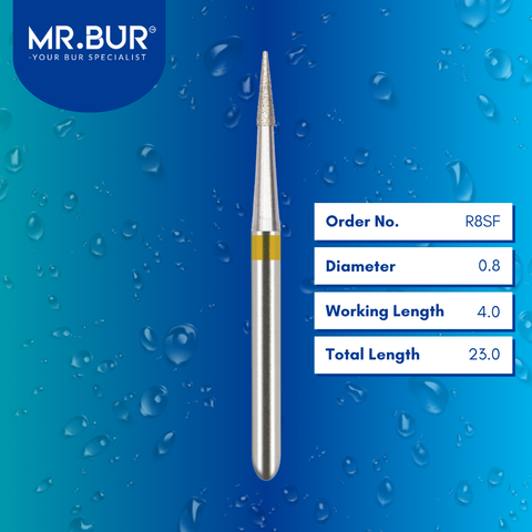 Mr. Bur Super Fine Grit Finishing Pointed Cone Diamond Bur FG, R8SF, for veneer margin refinement incisal edge detailing and esthetic smile design finishing.