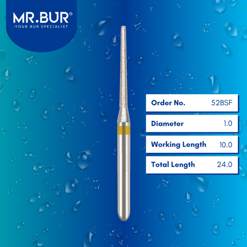 Mr. Bur 52BSF Super Fine Finishing Taper Round End Diamond Bur FG are tools used in multiple dental procedures. Their taper round end heads are ideal for effective prophylaxis, use on fillings, crown preparation, cavity preparation, and chamfer margin bur.