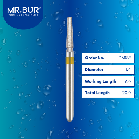 Mr. Bur Super Fine Grit Finishing Taper Rounded Edge Diamond Bur FG, 26RSF, for axial wall refinement and smooth preparation finishing before polishing.