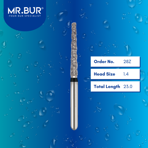 Mr. Bur 28Z Spiral Cool Cut Taper Flat End Super Coarse Diamond Bur FG are tools used in multiple dental procedures, ideal for prosthodontics, crown preparation, and crown & bridges.