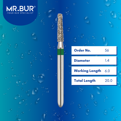 Mr. Bur Taper Flat End Coarse Diamond Bur FG 56, 1.4mm, designed for precision tooth reduction, efficient crown preparation, and smooth cutting performance.