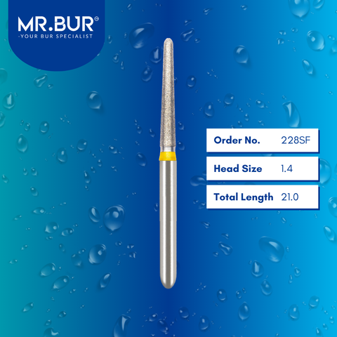 Mr. Bur 228SF Super Fine Finishing Taper Round End Diamond Bur FG are tools used in multiple dental procedures. Their taper round end heads are ideal for effective prophylaxis, use on fillings, crown preparation, cavity preparation, and chamfer margin bur.