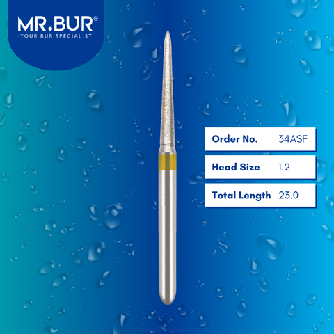 Mr. Bur 34ASF Super Fine Finishing Taper Round End Diamond Bur FG are tools used in multiple dental procedures. Their taper round end heads are ideal for effective prophylaxis, use on fillings, crown preparation, cavity preparation, and chamfer margin bur.