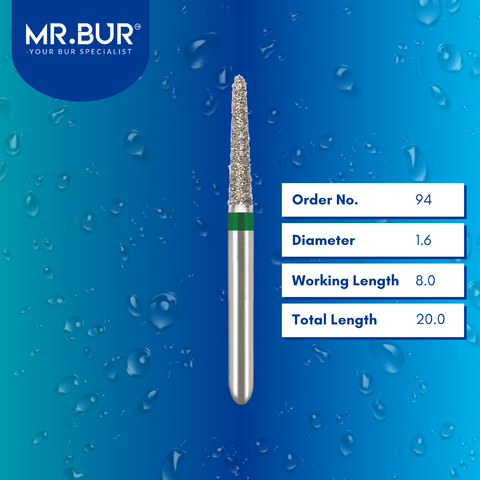 Mr. Bur Taper Torpedo Coarse Diamond Bur 5pcs FG 94, 1.6mm, ensures precise tooth reduction, efficient contouring, and optimal cutting performance for restorative procedures.