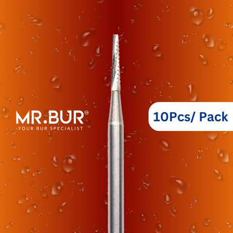 Mr. Bur Taper Flat End Carbide Bur FG, available in cross cut, ensures precise, efficient cutting for crown and cavity preparations, enhancing accuracy and control.