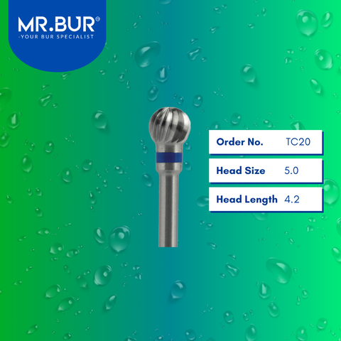 Mr. Bur Tungsten Carbide Medium Plain Cut Laboratory Bur TC20, 5.0mm, ensures precise trimming, efficient material shaping, and smooth contouring for dental prosthetics.
