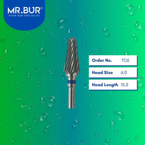 Mr. Bur Tungsten Carbide Medium Plain Cut Laboratory Bur TC6, 6.0mm, ensures precise trimming, efficient material shaping, and smooth contouring for dental prosthetics.