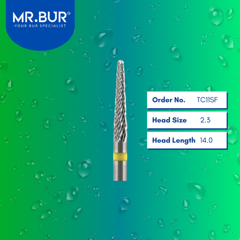 Mr. Bur Tungsten Carbide Super Fine Cross Cut Laboratory Bur TC11SF, 2.3 mm, ensures precise trimming, fine detailing, and efficient material shaping for dental prosthetics.