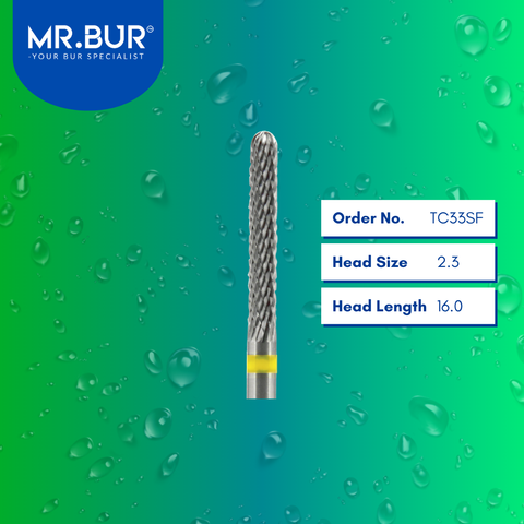 Mr. Bur Tungsten Carbide Super Fine Cross Cut Laboratory Bur TC33SF, 2.3mm, ensures precise, efficient material shaping and fine detailing in dental prosthetics.