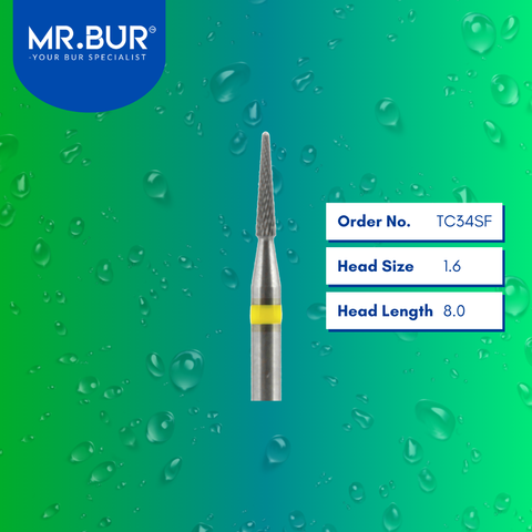 Mr. Bur Tungsten Carbide Super Fine Cross Cut Laboratory Bur TC34SF, 1.6 mm, ensures precise, efficient trimming and fine detailing for dental prosthetics and restorations.