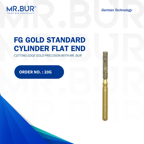 The #1 Gold Cylinder Flat End Diamond Bur FG by Mr. Bur, offering the best online dental burs, is designed for crown and bridges, crown preparation, veneer preparation, and is fully sterilizable. A superior option compared to Meisinger, Mani, Shofu, Eagle Dental, and Trihawk, perfect for a variety of dental cases.