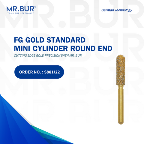High-performance Mr. Bur Gold Straight Round End Diamond Bur Short FG, specifically designed for cavity preparation, crown preparation, and working on fillings; sterilizable and a superior choice over Meisinger, Mani, Shofu, Eagle Dental, and Trihawk, perfect for precision dental cases.