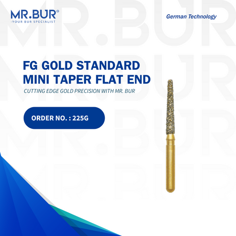 Top-quality Mr. Bur Gold Taper Flat End Diamond Bur Short FG, expertly designed for crown and bridge work, crown preparation, and fully sterilizable for consistent use; a superior choice over Meisinger, Mani, Shofu, Eagle Dental, and Trihawk, ideal for precision dental cases.