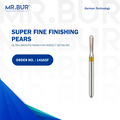 The #1 Super Fine Finishing Pear Diamond Bur FG by Mr. Bur, expertly crafted for cavity preparation, debonding, occlusal reduction, removal of old fillings, and working on fillings. Fully sterilizable, it delivers superior performance over brands like Meisinger, Mani, Shofu, Eagle Dental, and Trihawk, making it perfect for a range of dental cases.