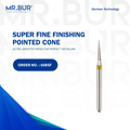The #1 Super Fine Finishing Pointed Cone Diamond Bur FG by Mr. Bur, designed for cavity preparation, debonding, occlusal reduction, removal of old fillings, and working on fillings. Sterilizable and highly durable, it outperforms options from Meisinger, Mani, Shofu, Eagle Dental, and Trihawk, making it ideal for various dental procedures.