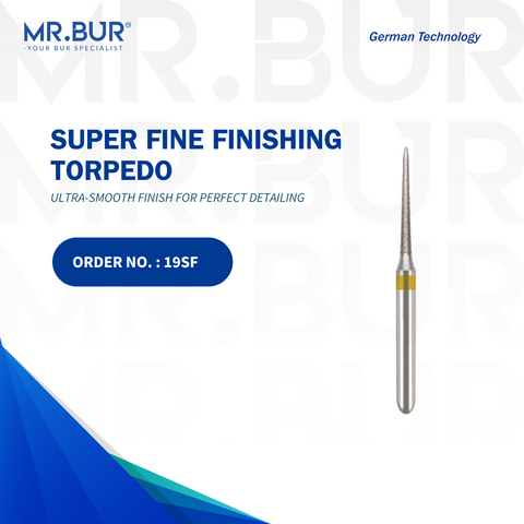 The #1 Super Fine Finishing Torpedo Diamond Bur FG by Mr. Bur, ideal for cavity preparation, debonding, occlusal reduction, removal of old fillings, and working on fillings. Sterilizable for multiple uses, it outperforms Meisinger, Mani, Shofu, Eagle Dental, and Trihawk, ensuring precision and durability in dental cases.