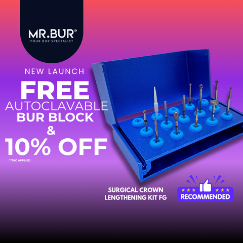 MR. BUR Surgical Crown Lengthening Kit FG, precision tool for anterior and posterior crown lengthening, ensures soft tissue trimming and bone removal.