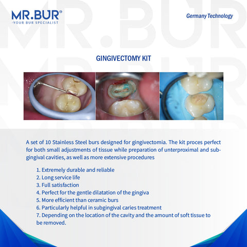 This is an image that describes the features of the Gingivectomy Kit dental bur heads that are sold by Mr. Bur worldwide.
